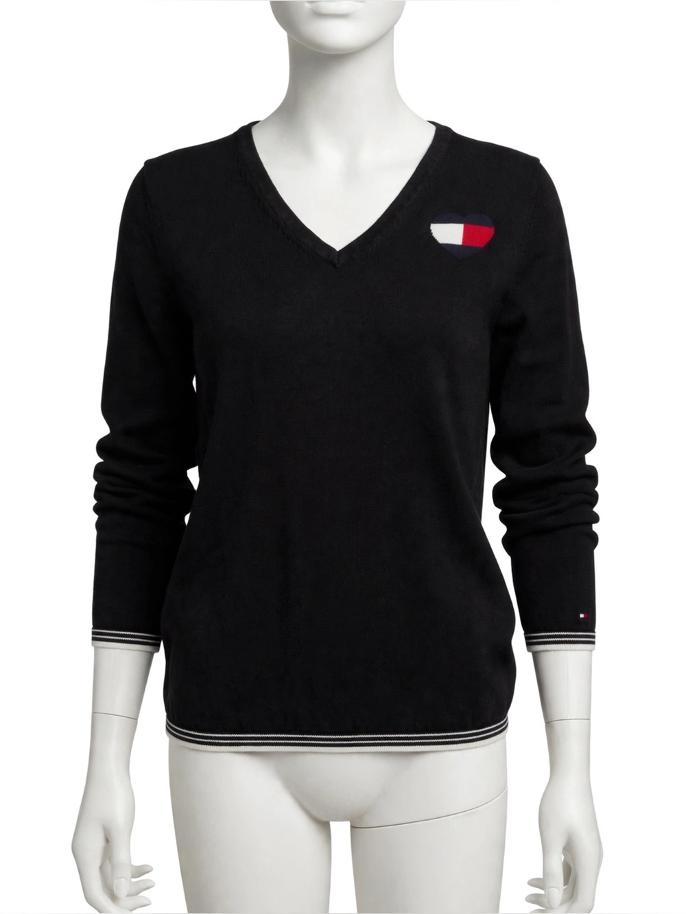 Tommy Hilfiger Women's Knit Heart Flag V-Neck Sweater XL Black Tipped Trim